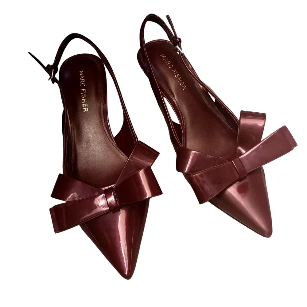 Marc Fisher Women Dark Red Patent Bow Slingback Kitten Heels Size 6M